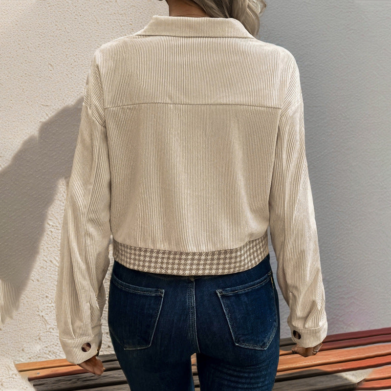 Cropped Houndstooth Jacket with Corduroy Patchwork