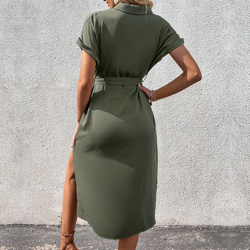 Solid Midi Shirt Dress with Button Front and Tie Waist