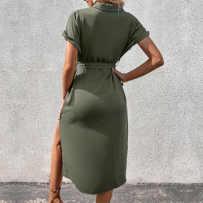 Solid Midi Shirt Dress with Button Front and Tie Waist