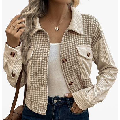 Cropped Houndstooth Jacket with Corduroy Patchwork