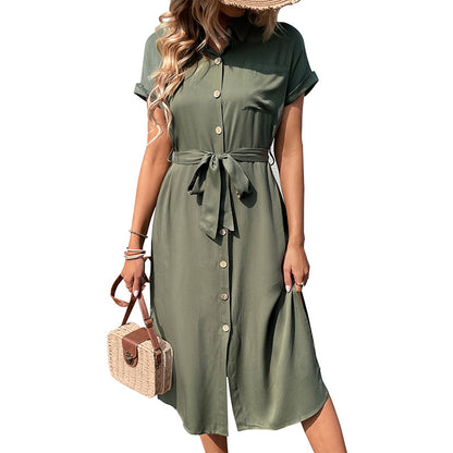 Solid Midi Shirt Dress with Button Front and Tie Waist