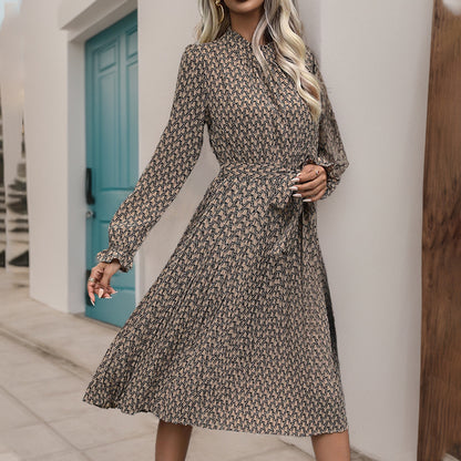 Geometric Print Pleated Midi Dress with Self-Tie Waist