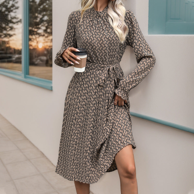 Geometric Print Pleated Midi Dress with Self-Tie Waist