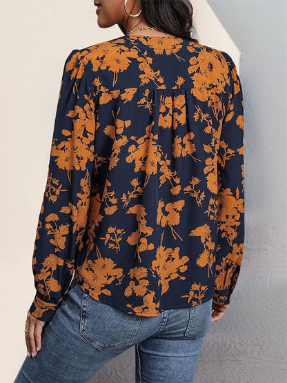 Floral Print Blouse with V-Neck and Long Sleeves