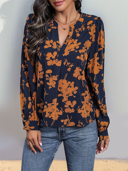 Floral Print Blouse with V-Neck and Long Sleeves