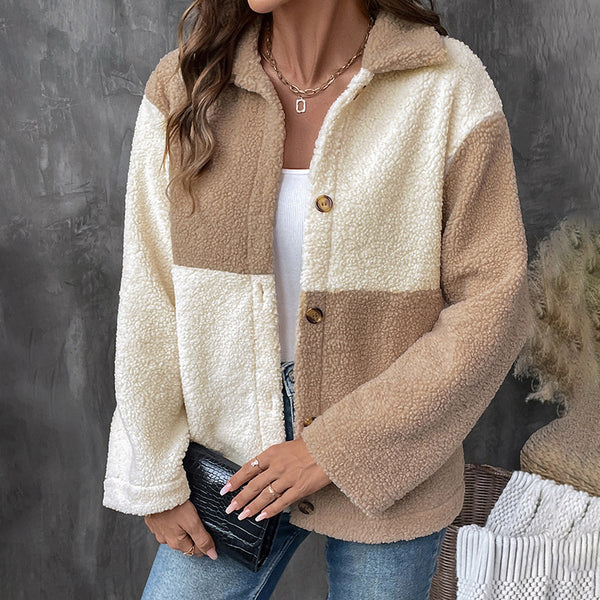 Color-Blocked Teddy Jacket with Lapel and Single-Breasted Front