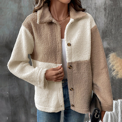 Color-Blocked Teddy Jacket with Lapel and Single-Breasted Front