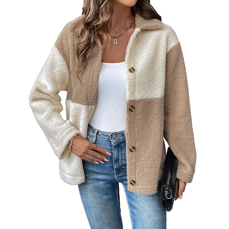 Color-Blocked Teddy Jacket with Lapel and Single-Breasted Front