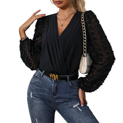 Pleated V-Neck Bodysuit with Jacquard Puff Sleeves