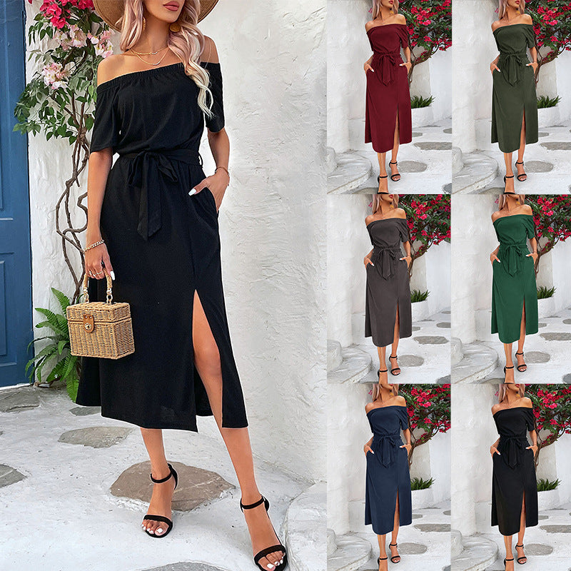Solid Off-Shoulder Midi Dress with Tie-Waist and Side Slit