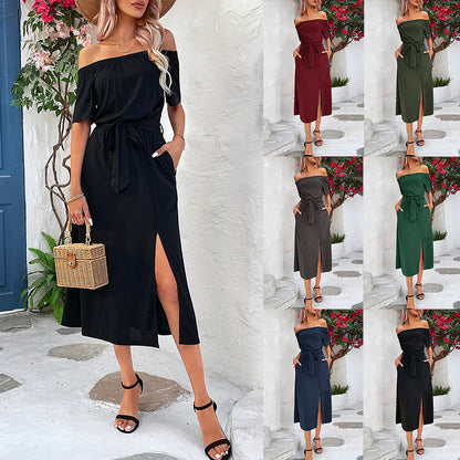 Solid Off-Shoulder Midi Dress with Tie-Waist and Side Slit
