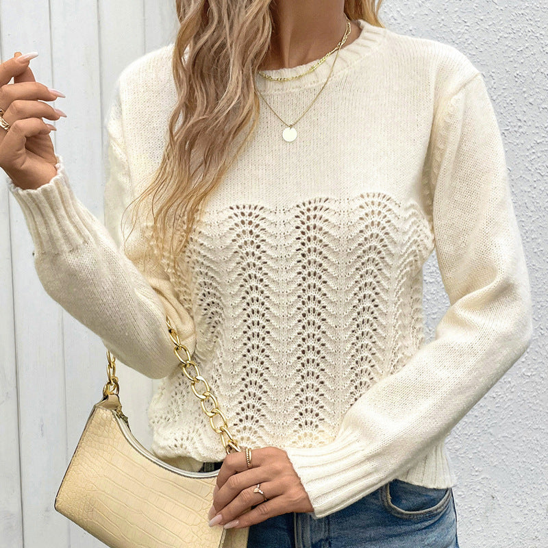 Hollow-Out Knit Sweater with Round Neck and Long Sleeves