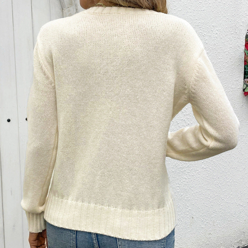 Hollow-Out Knit Sweater with Round Neck and Long Sleeves