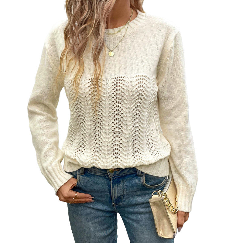Hollow-Out Knit Sweater with Round Neck and Long Sleeves
