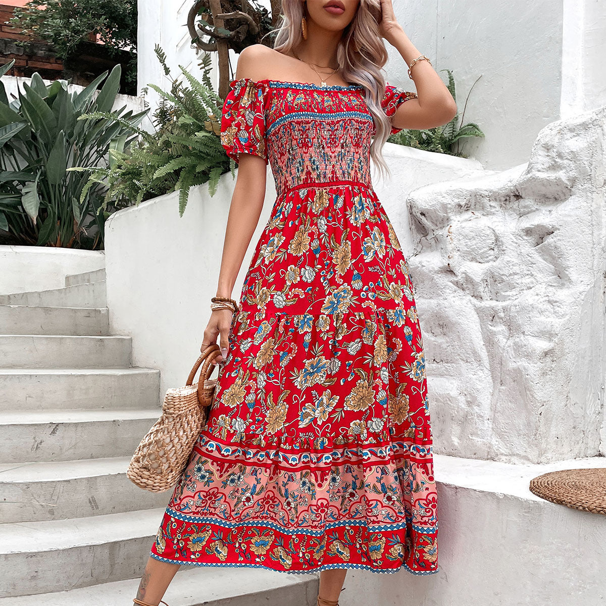 Floral Print Midi Dress with Off-Shoulder & Smocked Bodice