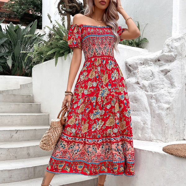 Floral Print Midi Dress with Off-Shoulder & Smocked Bodice