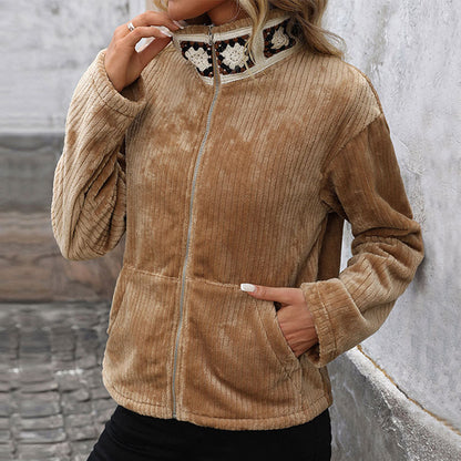 Loose Fit Corduroy Jacket with Ethnic Embroidered Stand Collar
