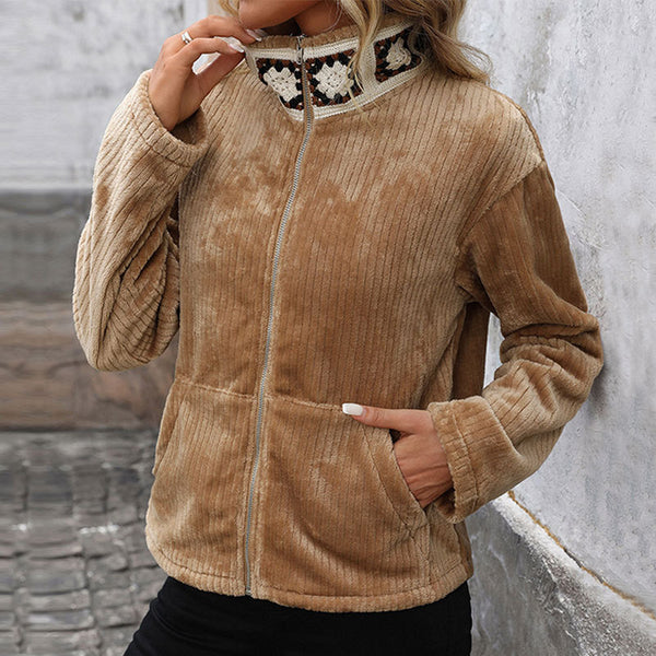 Loose Fit Corduroy Jacket with Ethnic Embroidered Stand Collar