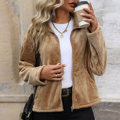 Loose Fit Corduroy Jacket with Ethnic Embroidered Stand Collar