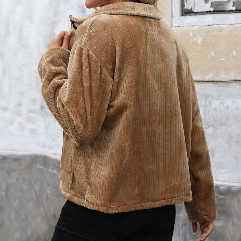 Loose Fit Corduroy Jacket with Ethnic Embroidered Stand Collar