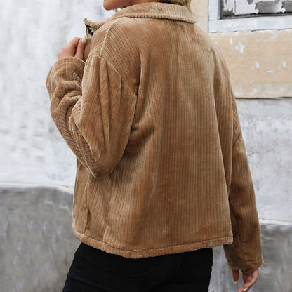 Loose Fit Corduroy Jacket with Ethnic Embroidered Stand Collar
