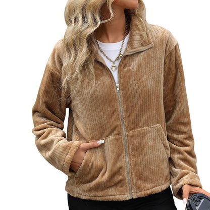 Loose Fit Corduroy Jacket with Ethnic Embroidered Stand Collar