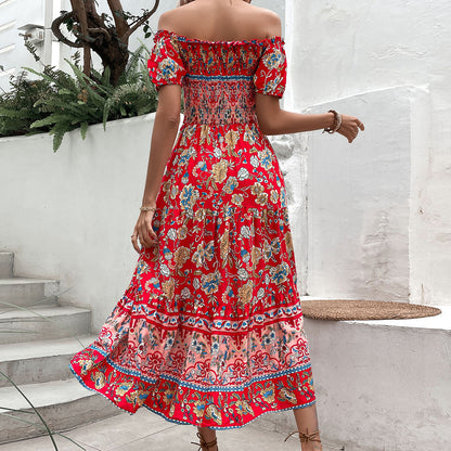 Floral Print Midi Dress with Off-Shoulder & Smocked Bodice
