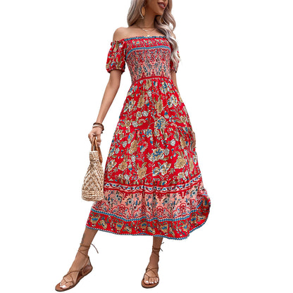 Floral Print Midi Dress with Off-Shoulder & Smocked Bodice