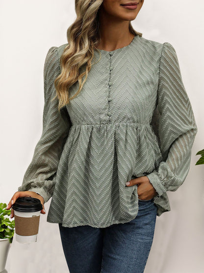 Zigzag Jacquard Peplum Blouse with Long Sleeves