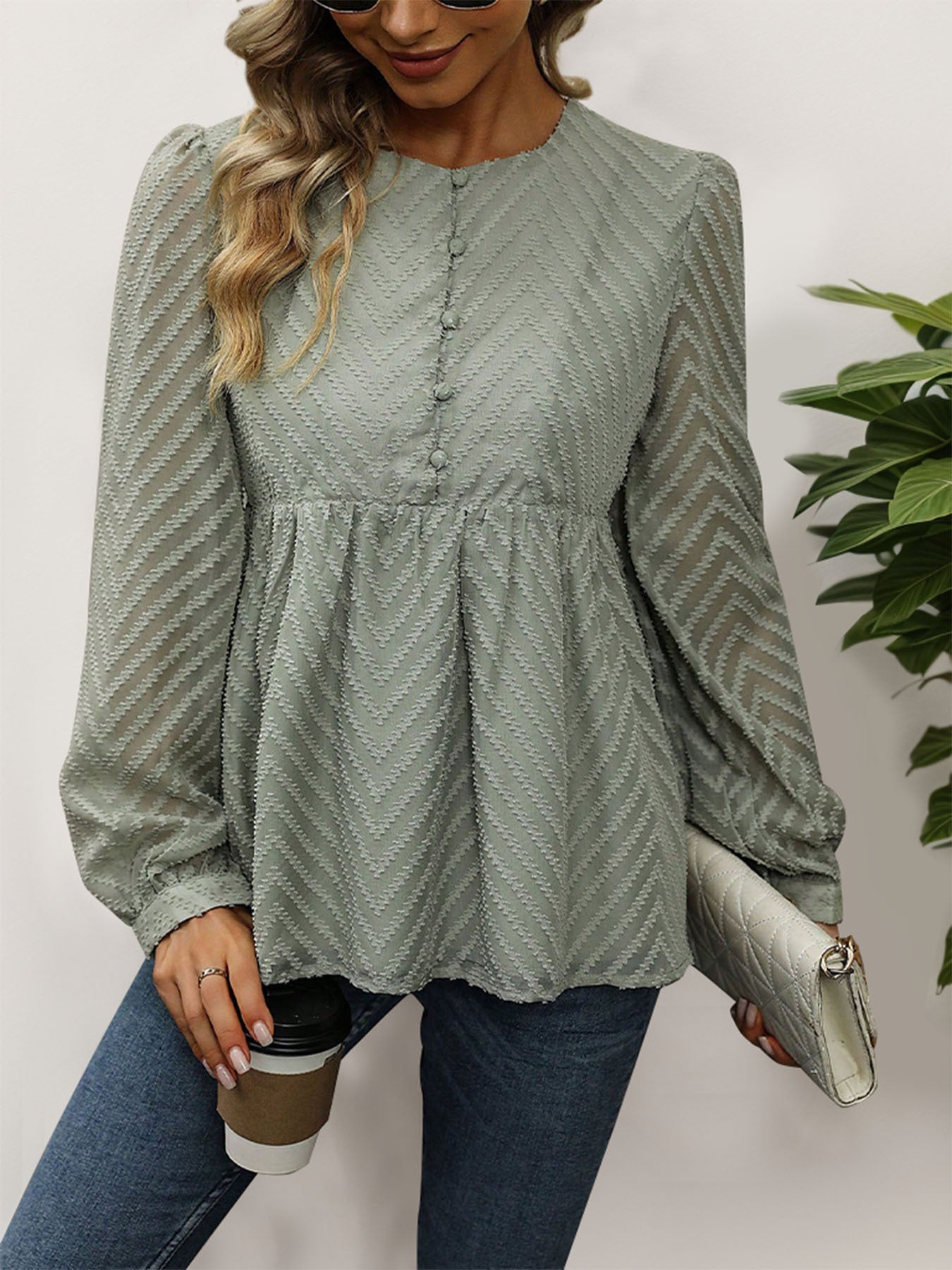 Zigzag Jacquard Peplum Blouse with Long Sleeves