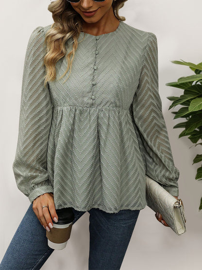 Zigzag Jacquard Peplum Blouse with Long Sleeves
