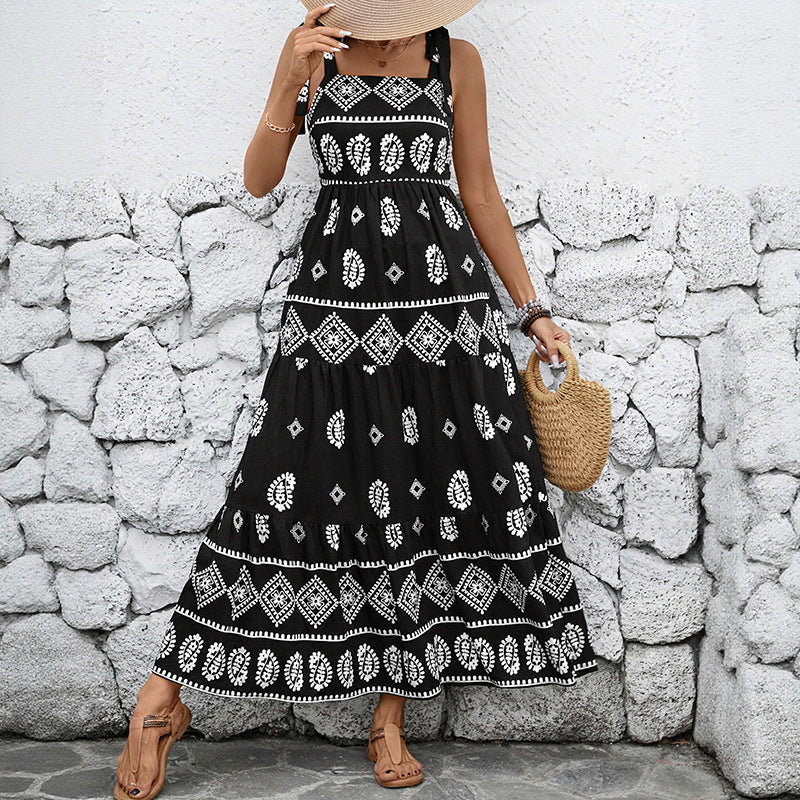 Ethnic Print Tiered Maxi Dress with Tie-Shoulder