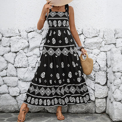 Ethnic Print Tiered Maxi Dress with Tie-Shoulder