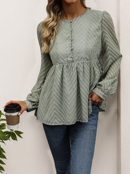 Zigzag Jacquard Peplum Blouse with Long Sleeves