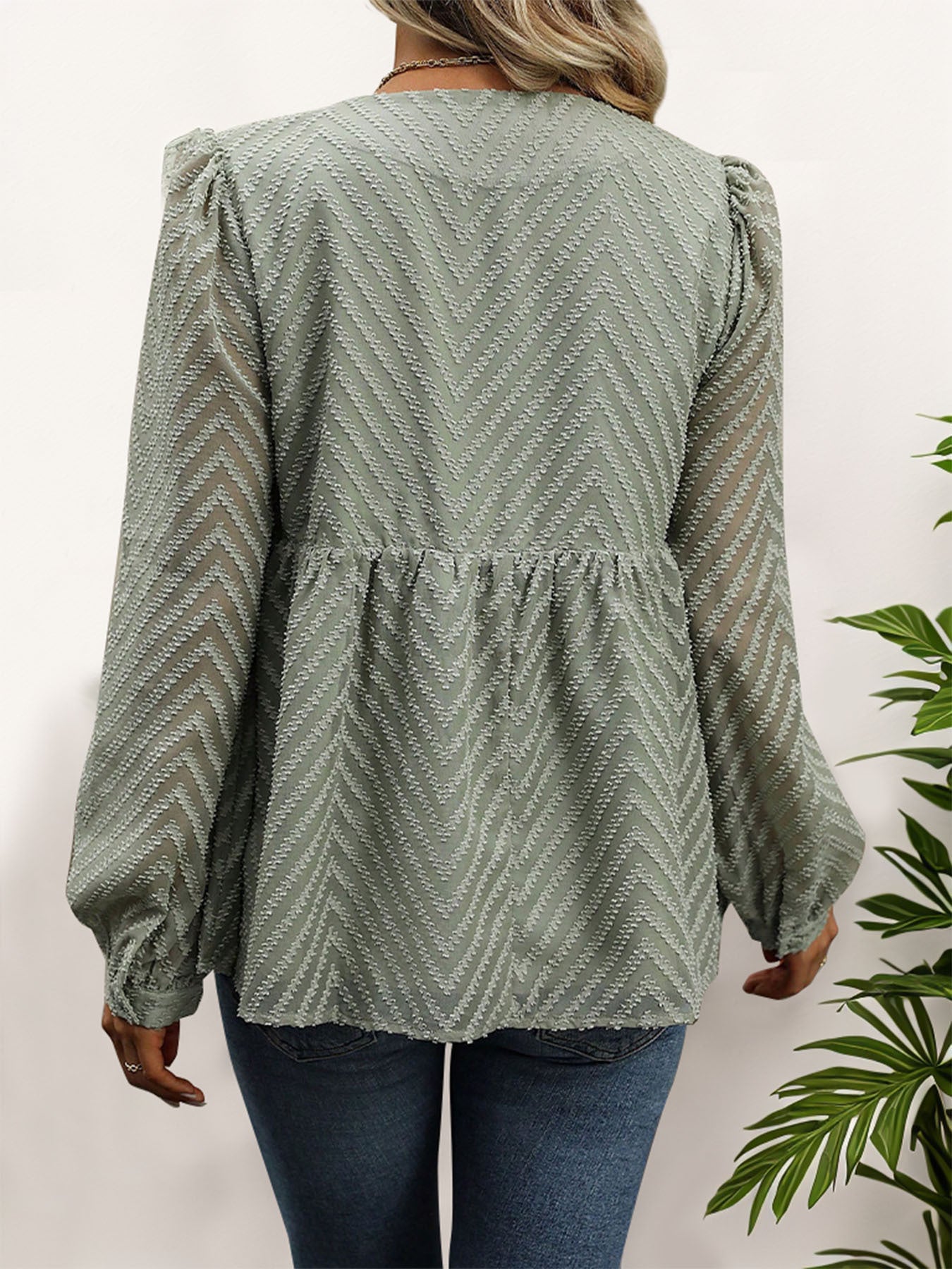 Zigzag Jacquard Peplum Blouse with Long Sleeves