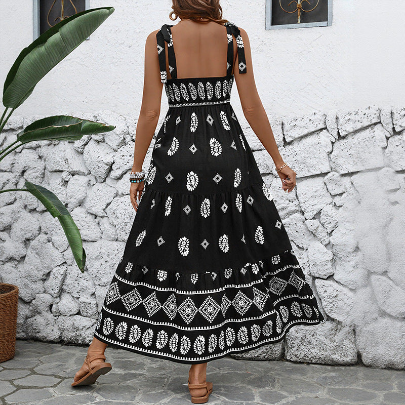Ethnic Print Tiered Maxi Dress with Tie-Shoulder