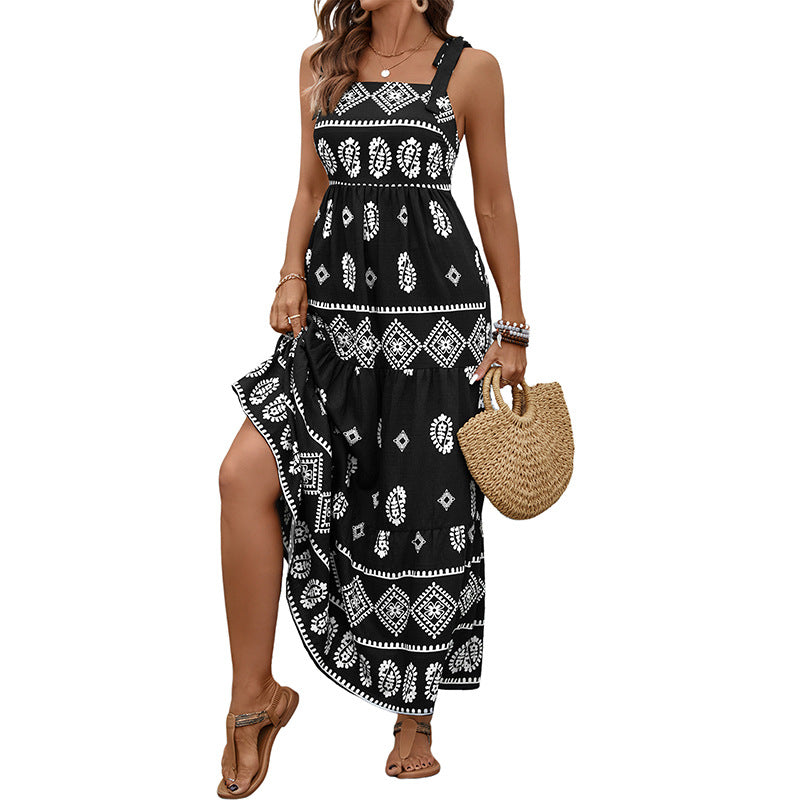 Ethnic Print Tiered Maxi Dress with Tie-Shoulder