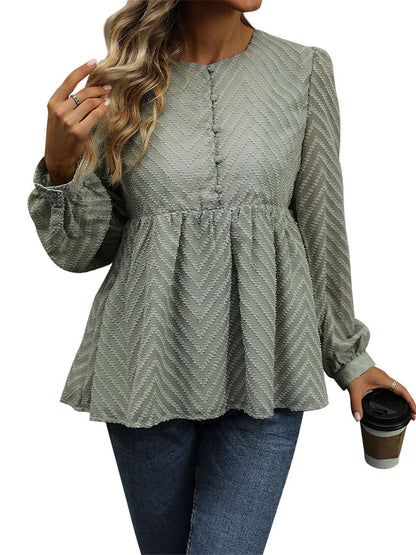 Zigzag Jacquard Peplum Blouse with Long Sleeves