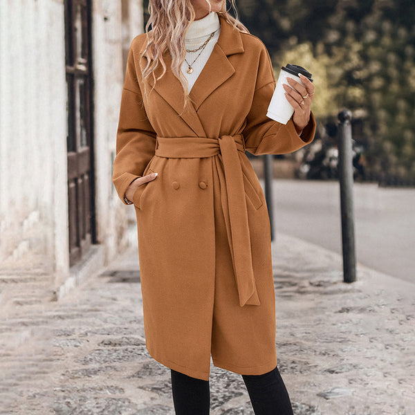 Solid Woolen Wrap Coat with Notched Lapel