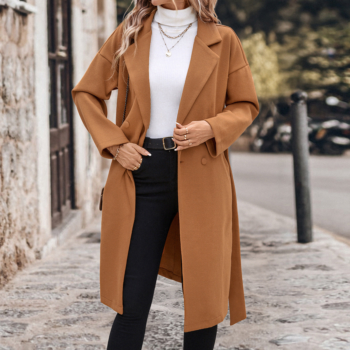 Solid Woolen Wrap Coat with Notched Lapel
