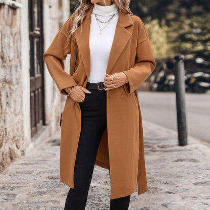Solid Woolen Wrap Coat with Notched Lapel