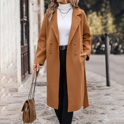 Solid Woolen Wrap Coat with Notched Lapel