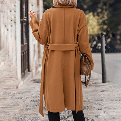 Solid Woolen Wrap Coat with Notched Lapel