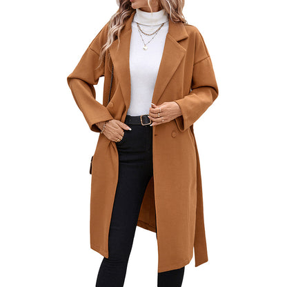 Solid Woolen Wrap Coat with Notched Lapel