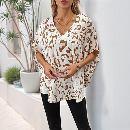 Leopard Print Batwing Sleeve Top with V-Neck