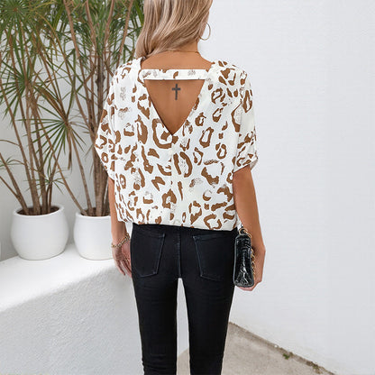 Leopard Print Batwing Sleeve Top with V-Neck