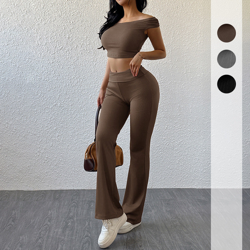 Solid Ribbed Pants Set with Off-Shoulder Crop Top