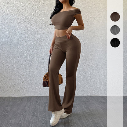 Solid Ribbed Pants Set with Off-Shoulder Crop Top