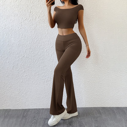 Solid Ribbed Pants Set with Off-Shoulder Crop Top
