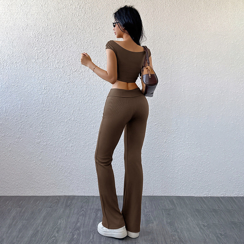 Solid Ribbed Pants Set with Off-Shoulder Crop Top